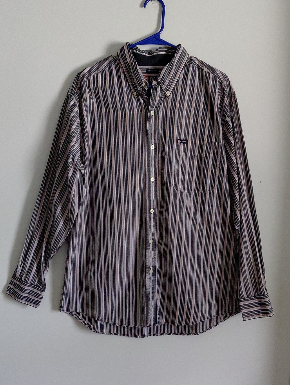 Chaps Men’s Easy Care Blue Black Striped Long Sleeve Cotton Button-Down Shirt L
